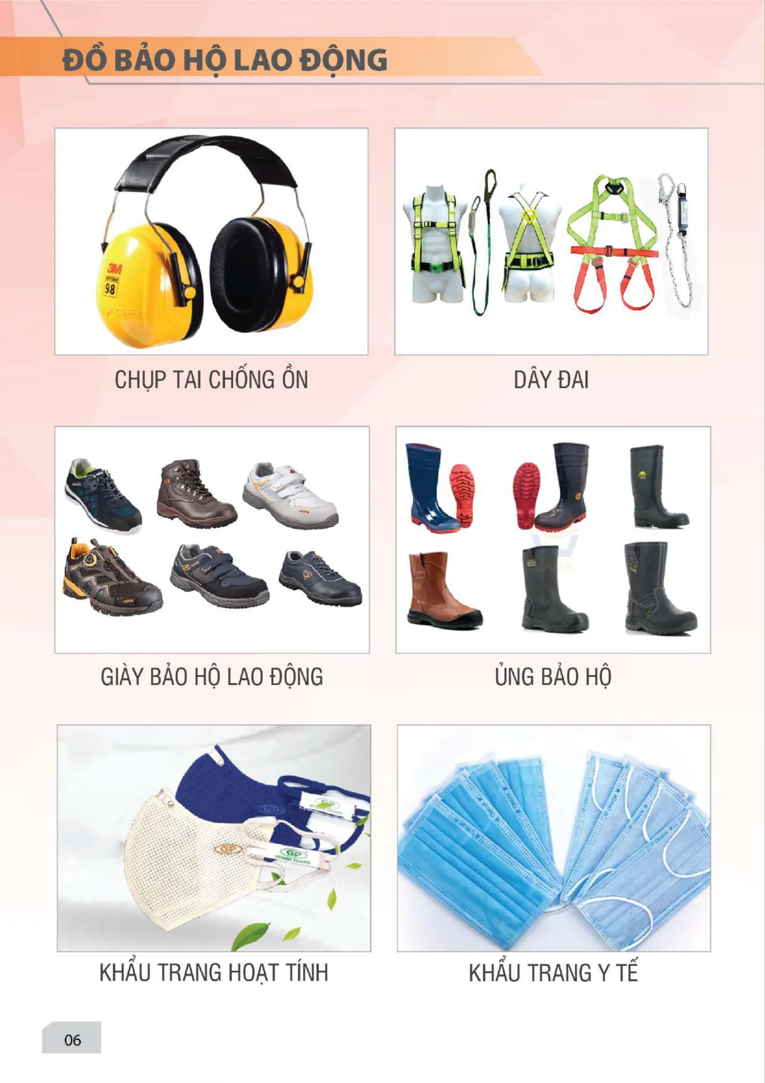 Đồ bảo hộ lao động — chụp tai, dây đai, giày, ủng, khẩu trang