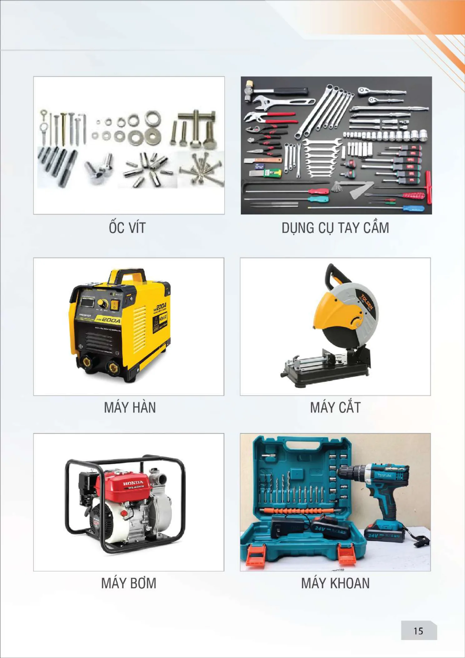 Dụng cụ ngũ kim — máy hàn, máy cắt, máy bơm, máy khoan, khay đựng