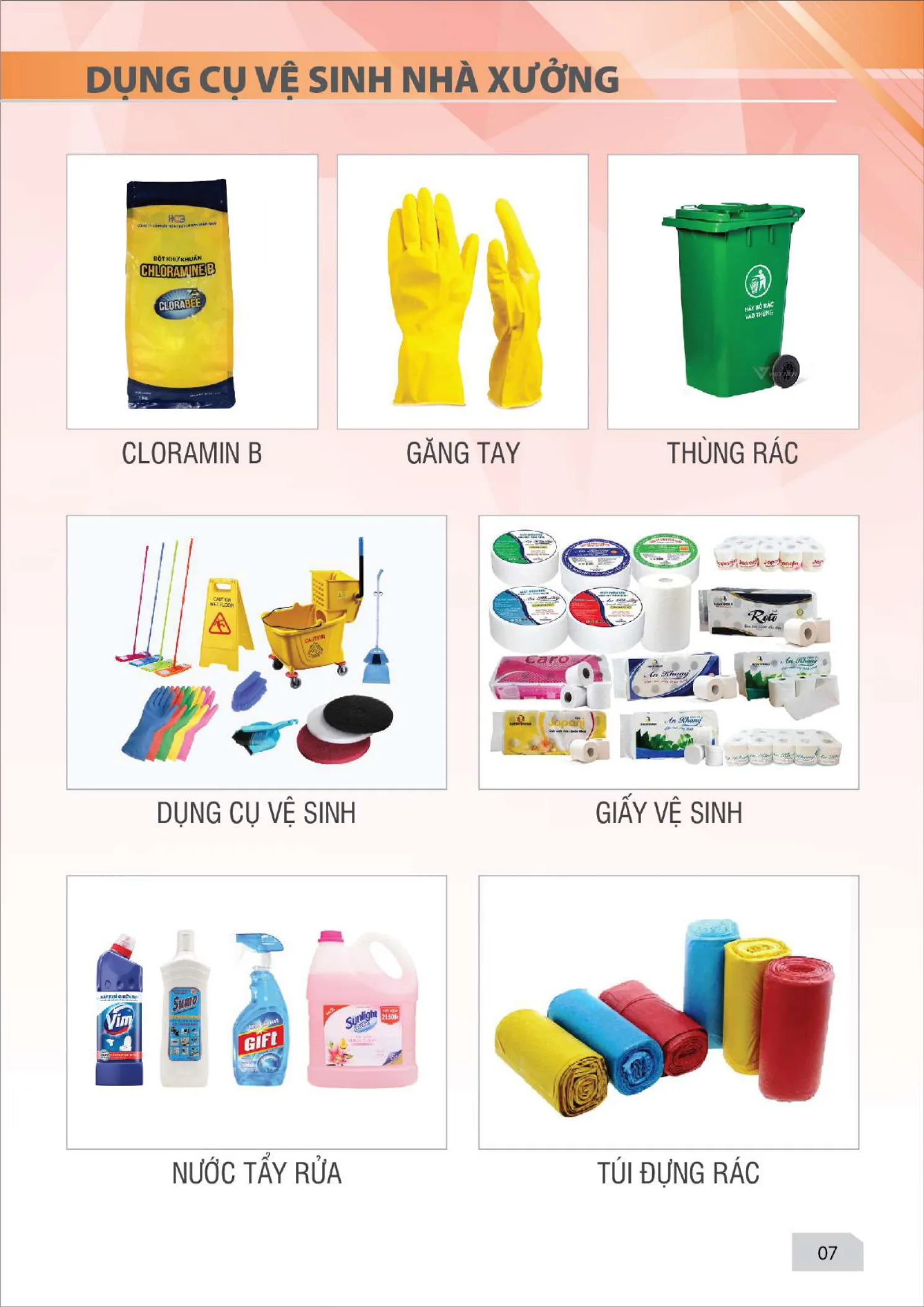 Dụng cụ vệ sinh nhà xưởng — cloramin B, găng tay, thùng rác, giấy vệ sinh, túi rác