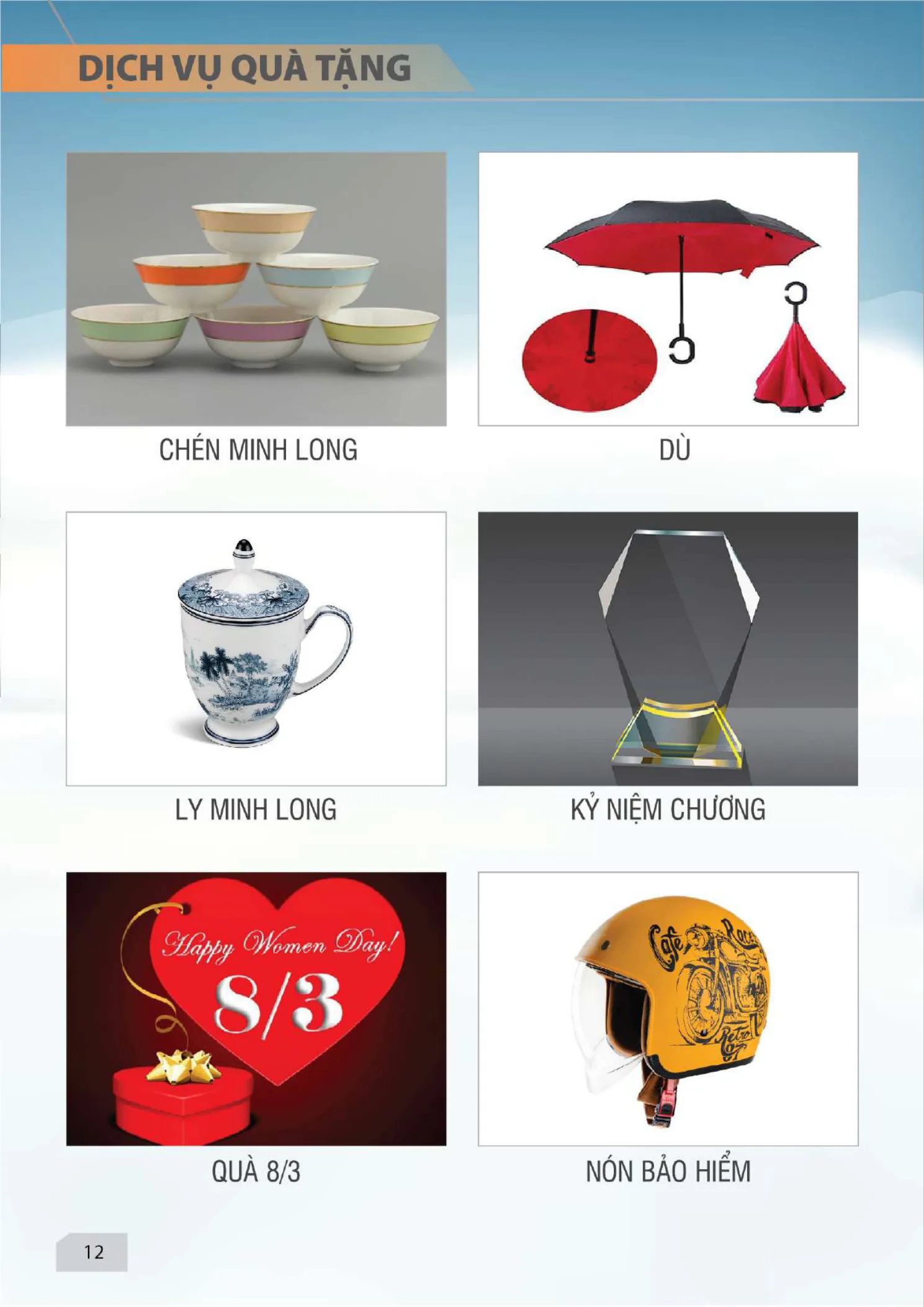 Quà tặng — chén Minh Long, dù, ly Minh Long, kỷ niệm chương, quà 8/3, nón bảo hiểm