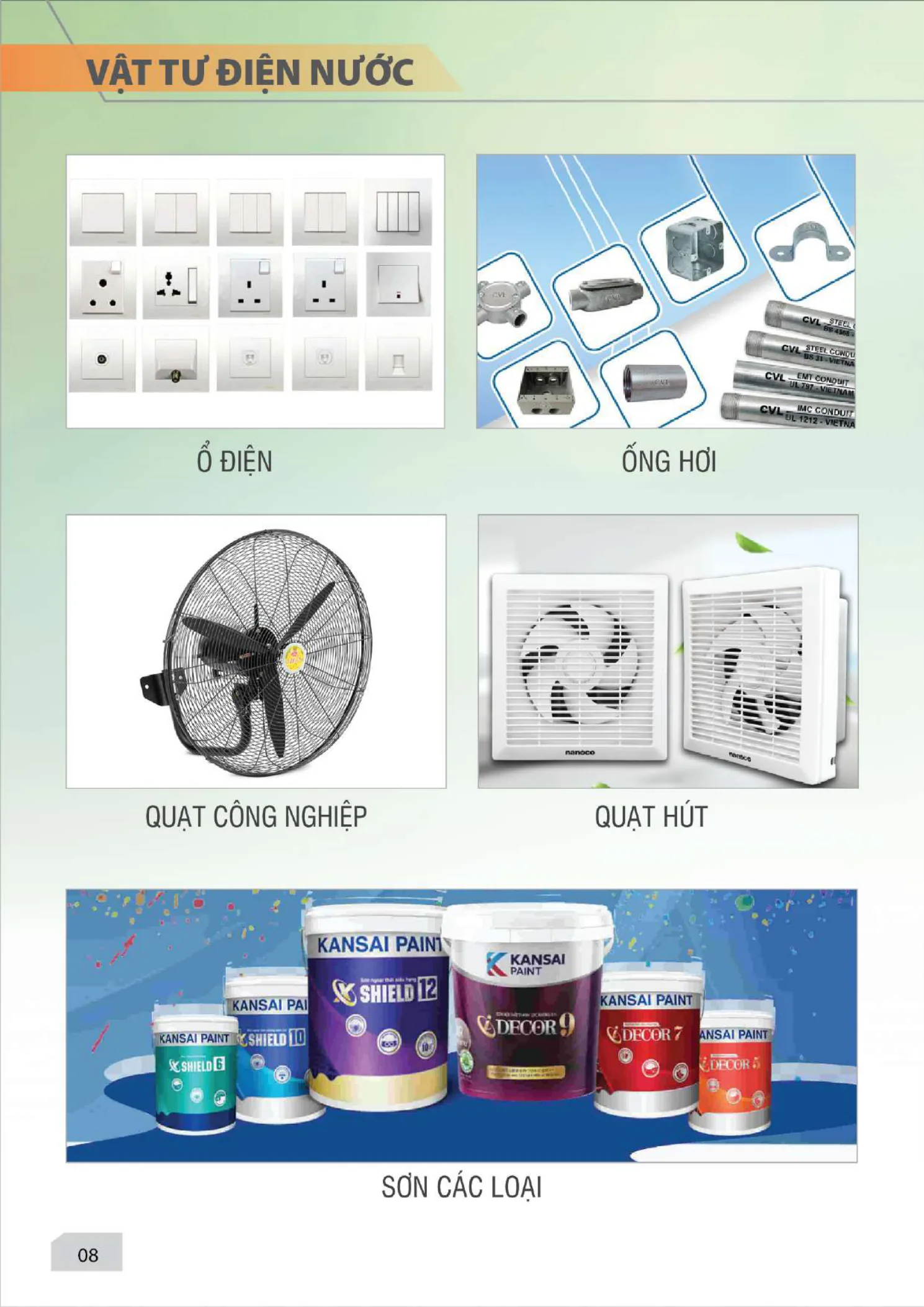 Vật tư điện nước — ổ điện, ống hơi, quạt công nghiệp, sơn các loại