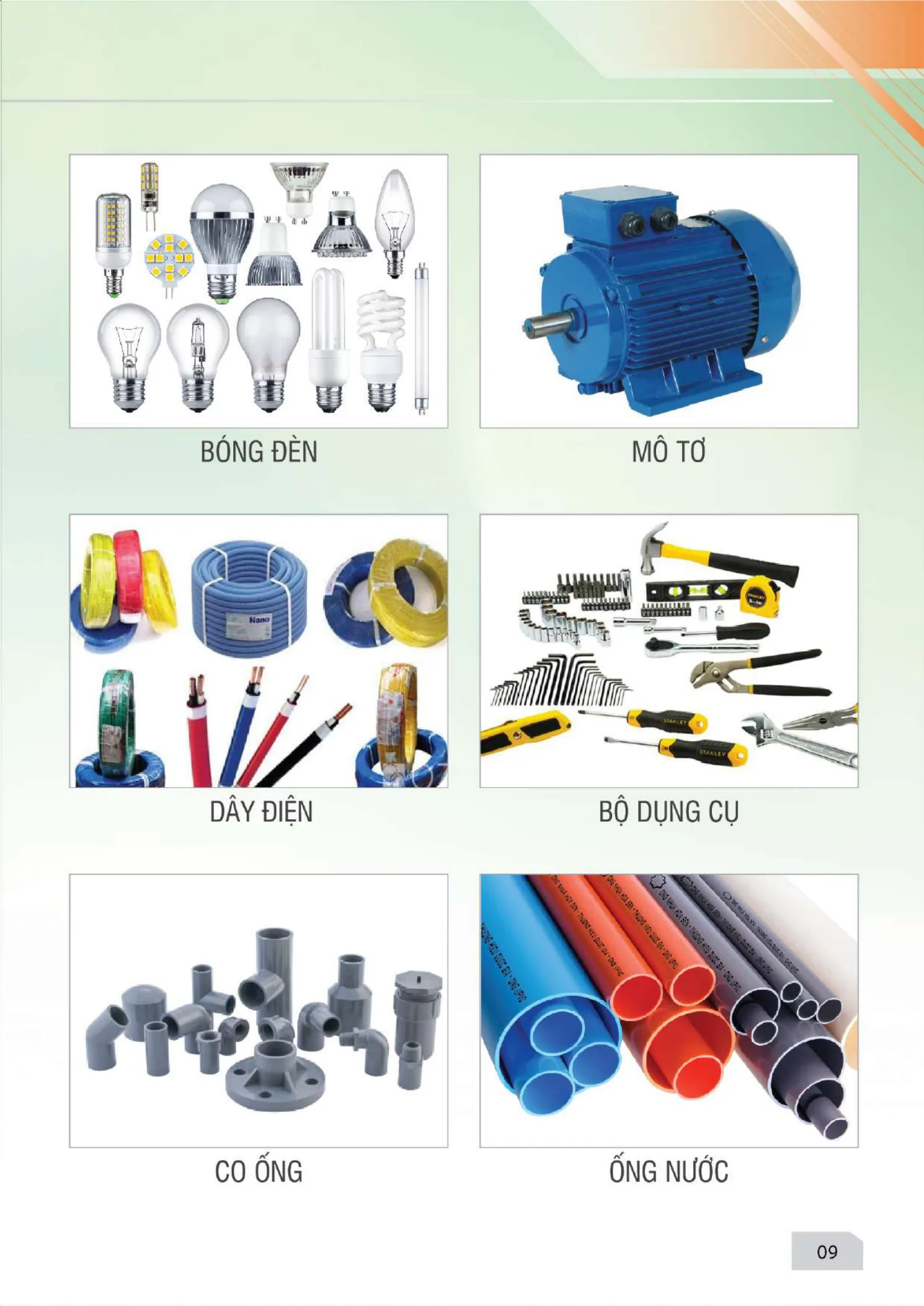Vật tư điện nước — bóng đèn, mô tơ, dây điện, co ống, ống nước